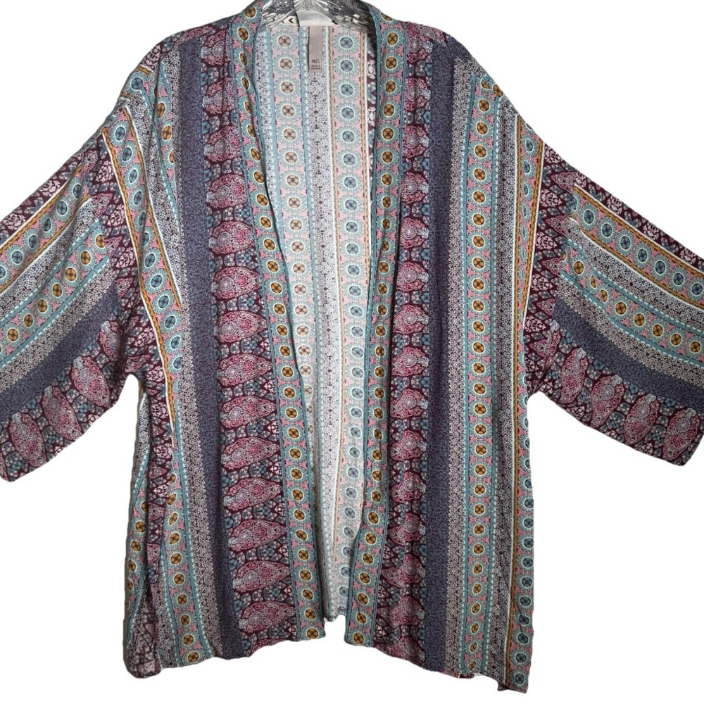 Knox Rose Open Front Kimono Cover Up Top Pink Blue Floral Boho Beach Sz M/L